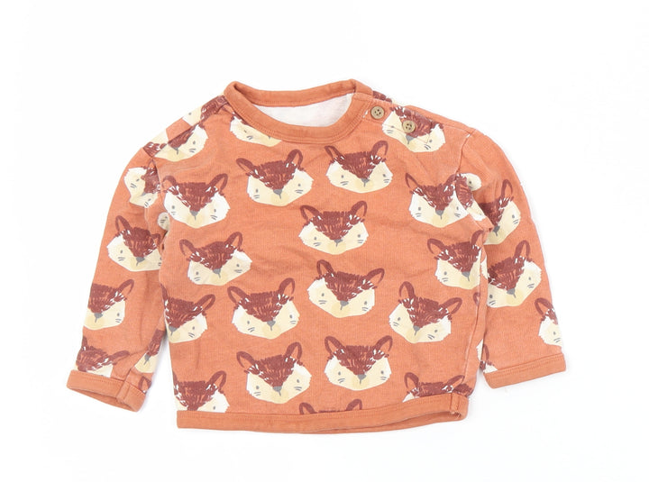 TU Girls Brown Geometric Cotton Pullover T-Shirt Size 6-9 Months Crew Neck Button - Fox