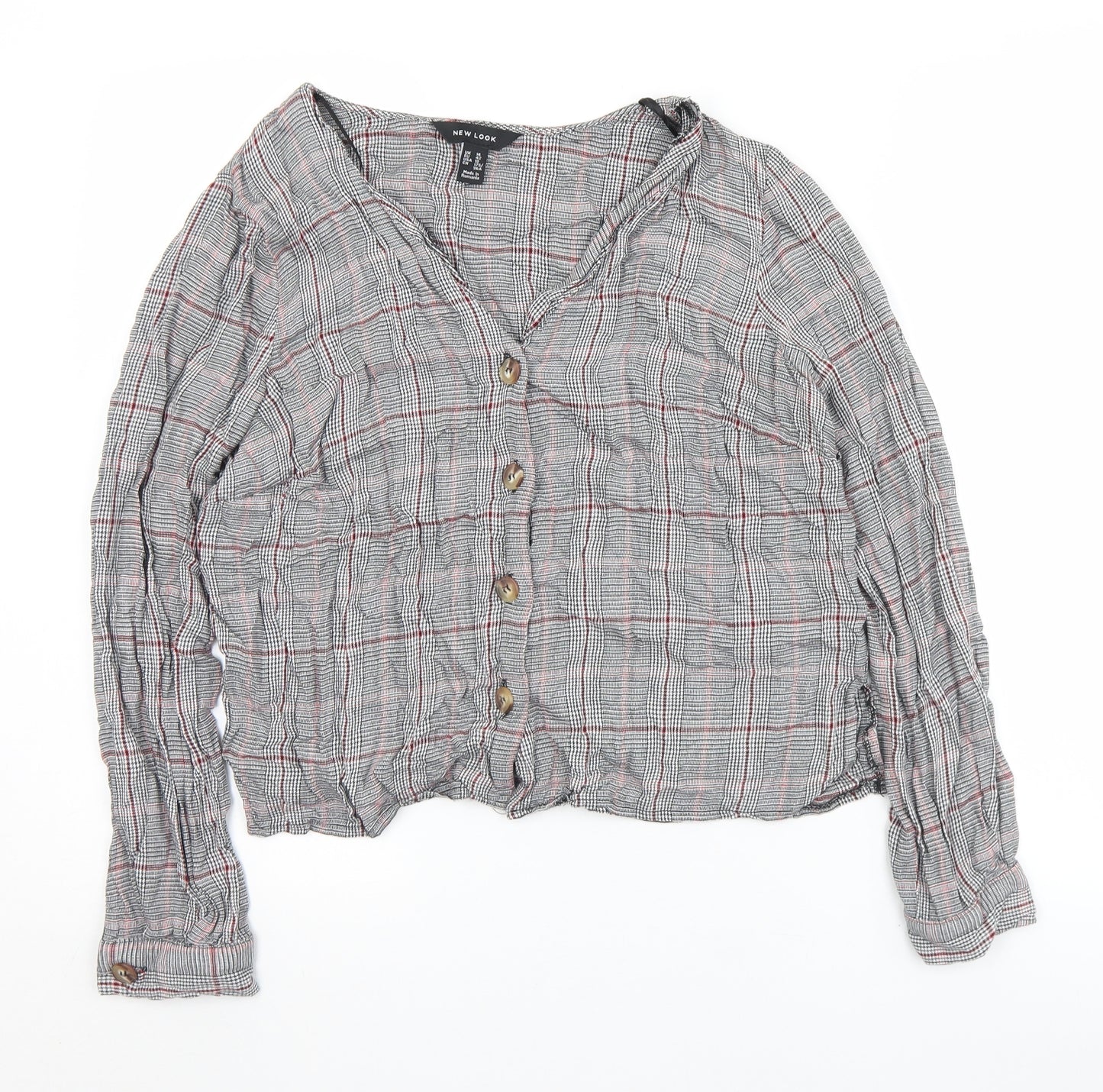New Look Womens Grey Plaid Viscose Cropped Blouse Size 14 V-Neck