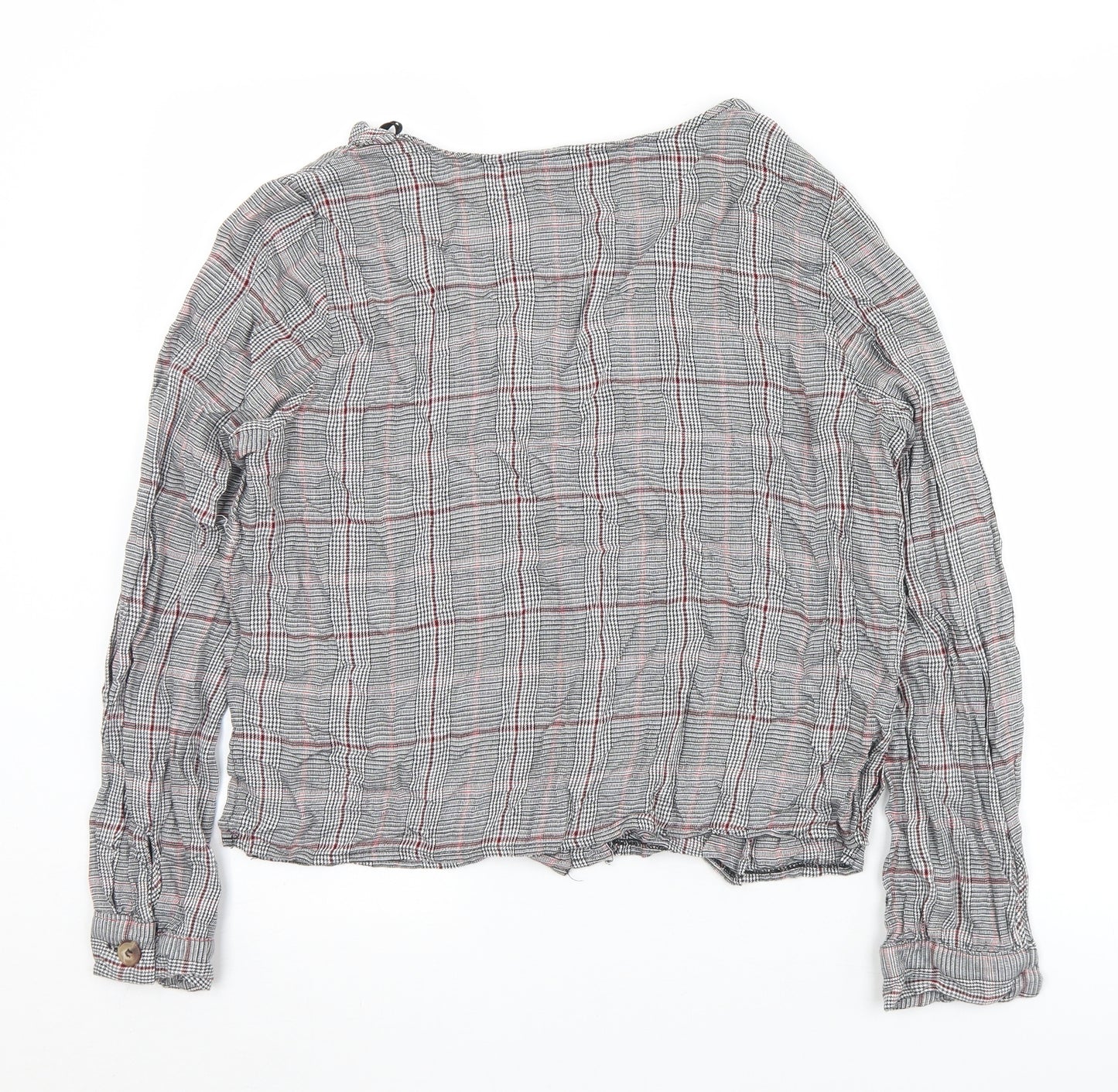 New Look Womens Grey Plaid Viscose Cropped Blouse Size 14 V-Neck