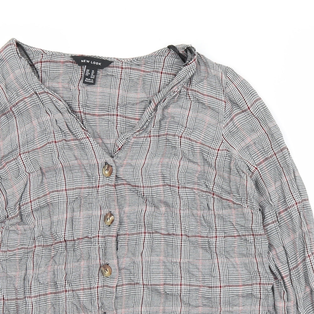 New Look Womens Grey Plaid Viscose Cropped Blouse Size 14 V-Neck
