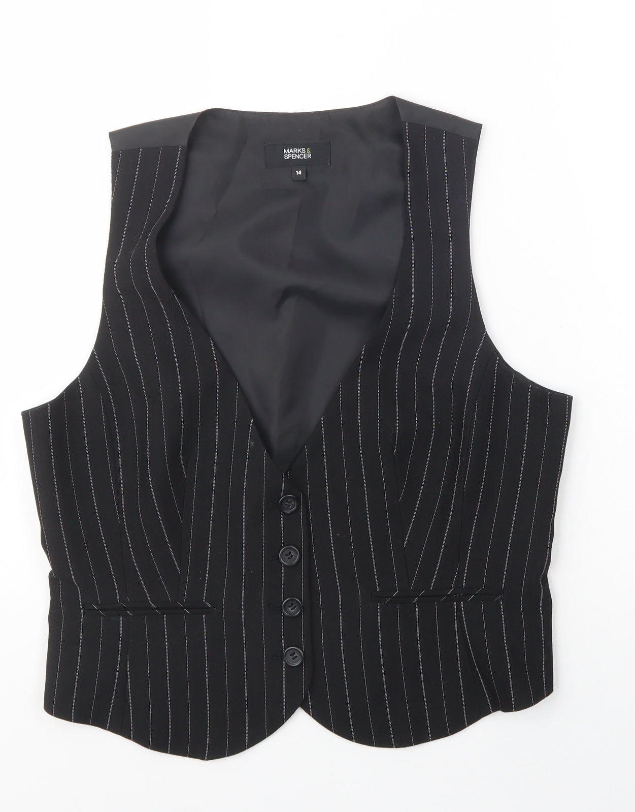 Marks and Spencer Womens Black Herringbone Polyester Jacket Suit Waistcoat Size 14