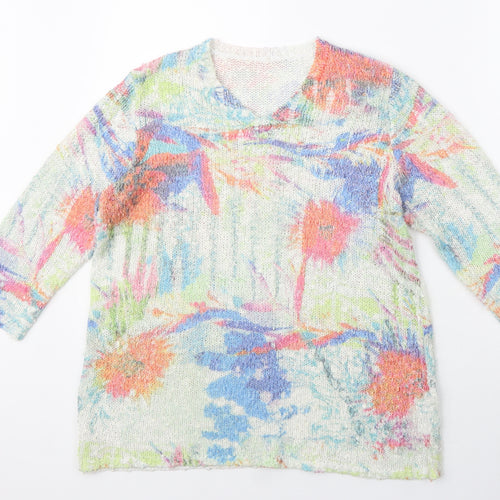 Preworn Womens Ivory V-Neck Floral Acrylic Pullover Jumper Size S