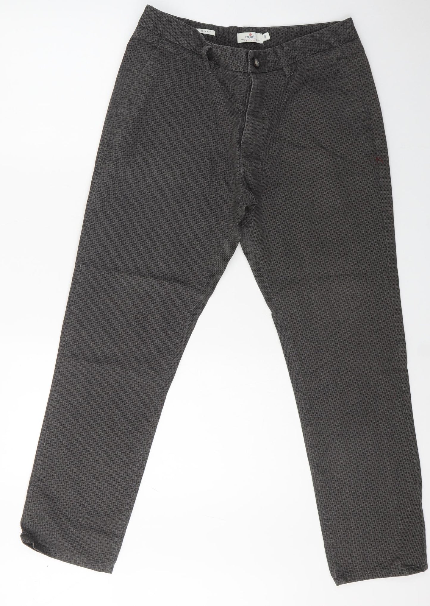 NEXT Mens Grey Geometric Cotton Trousers  Size 32 L29 in Slim Button
