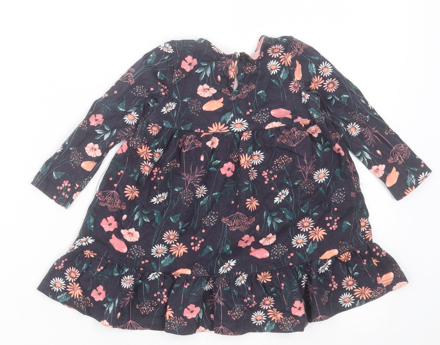 F&F Girls Blue Floral Cotton A-Line  Size 6-9 Months  Crew Neck Button