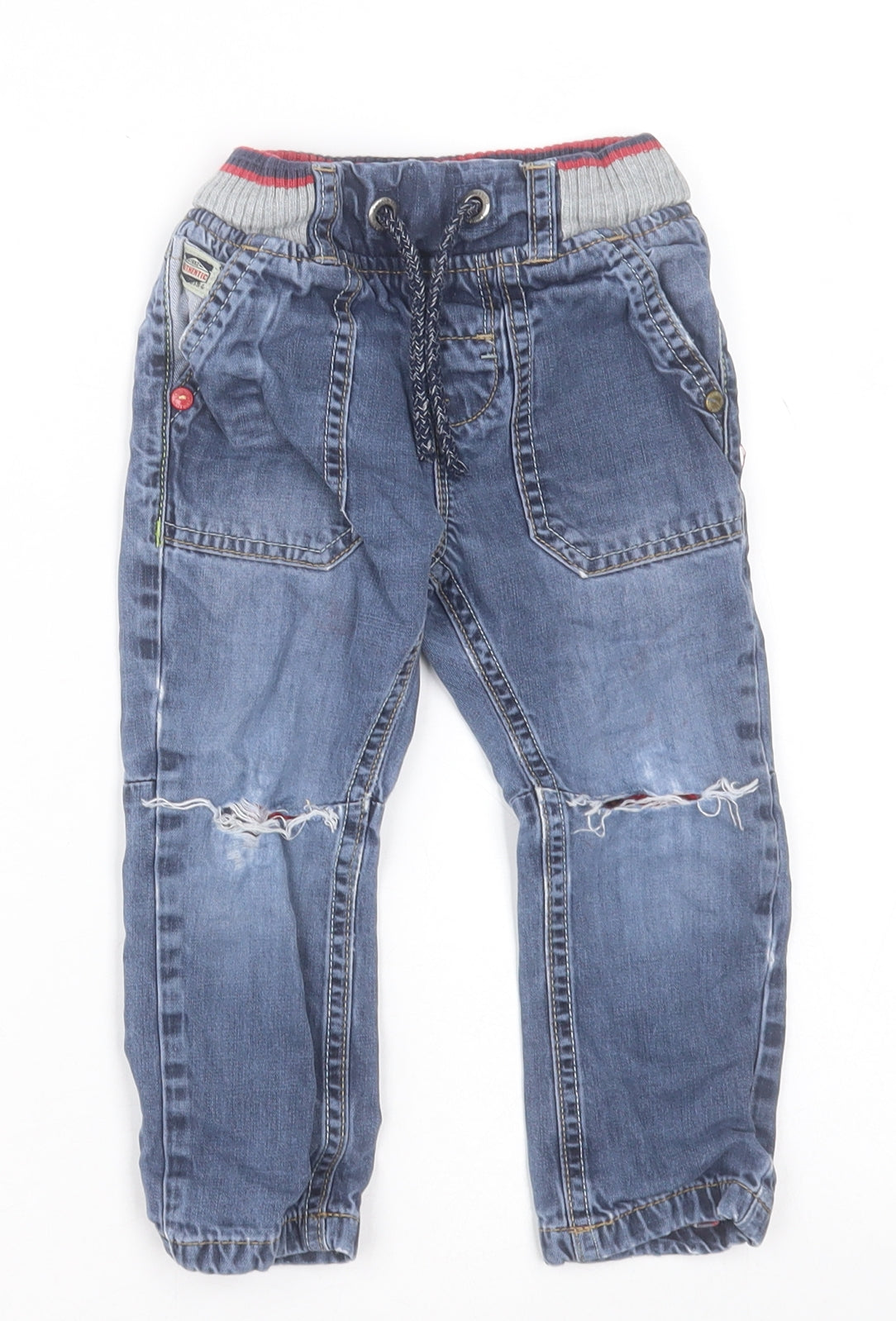 NEXT Boys Blue  Cotton Capri Jeans Size 12-18 Months  Tie - Ripped Knees
