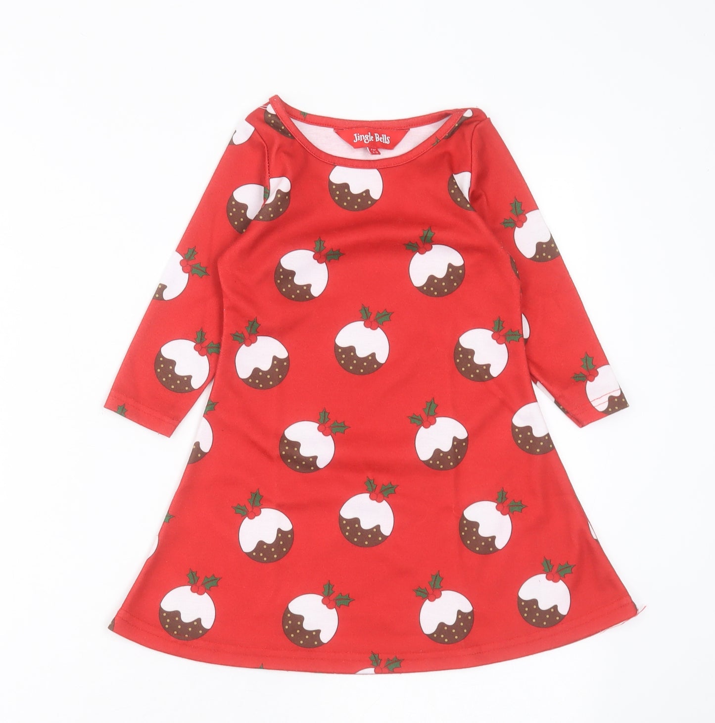 Jingle Bells Girls Red Geometric Polyester A-Line  Size 2-3 Years  Crew Neck Pullover - Christmas Dress