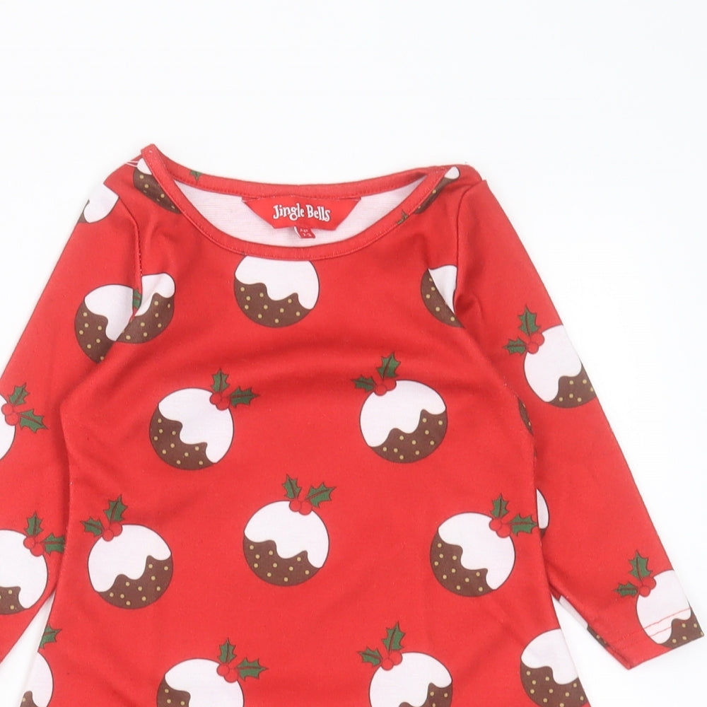 Jingle Bells Girls Red Geometric Polyester A-Line  Size 2-3 Years  Crew Neck Pullover - Christmas Dress