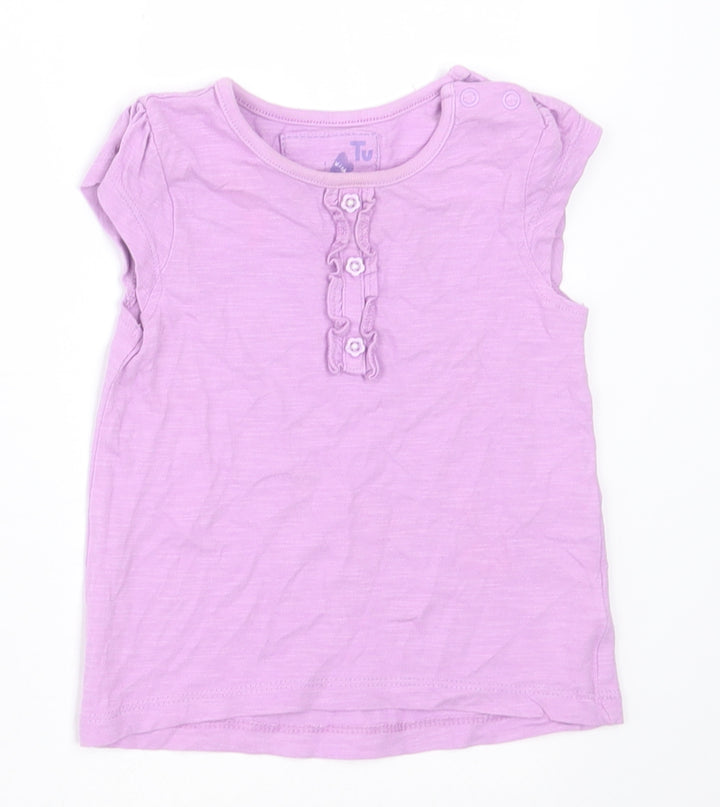 TU Girls Purple  Cotton Basic T-Shirt Size 6-9 Months Crew Neck Button