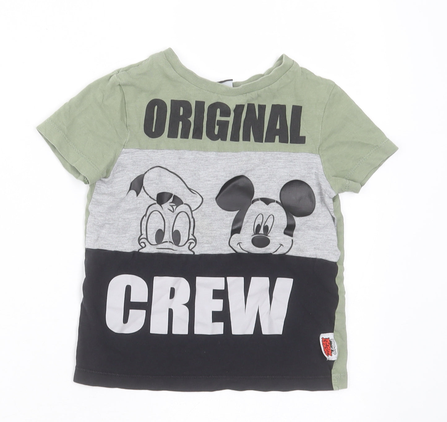George Boys Green Striped Cotton Basic T-Shirt Size 18-24 Months Crew Neck Pullover - Mickey Mouse