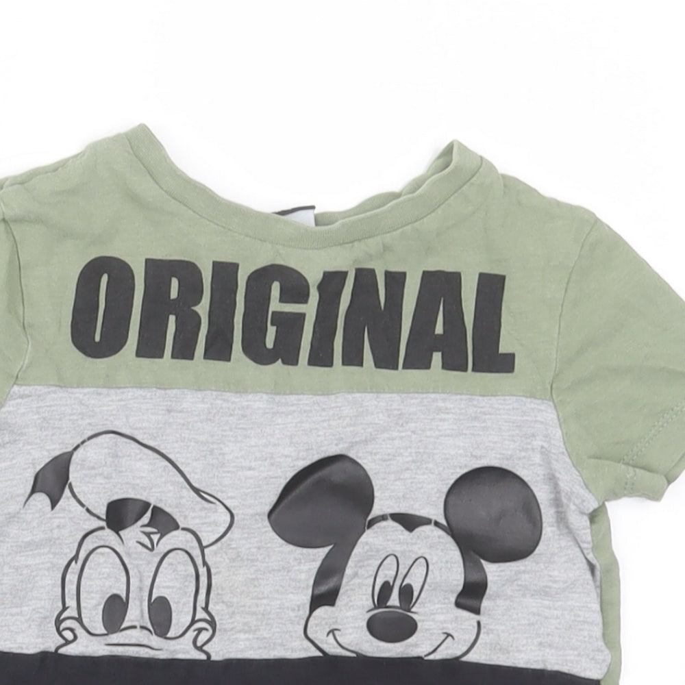 George Boys Green Striped Cotton Basic T-Shirt Size 18-24 Months Crew Neck Pullover - Mickey Mouse