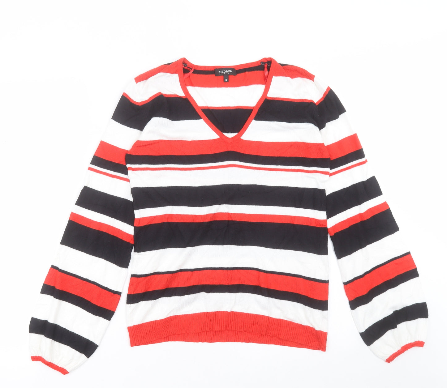Papaya Womens Red V-Neck Striped Viscose Pullover Jumper Size 12