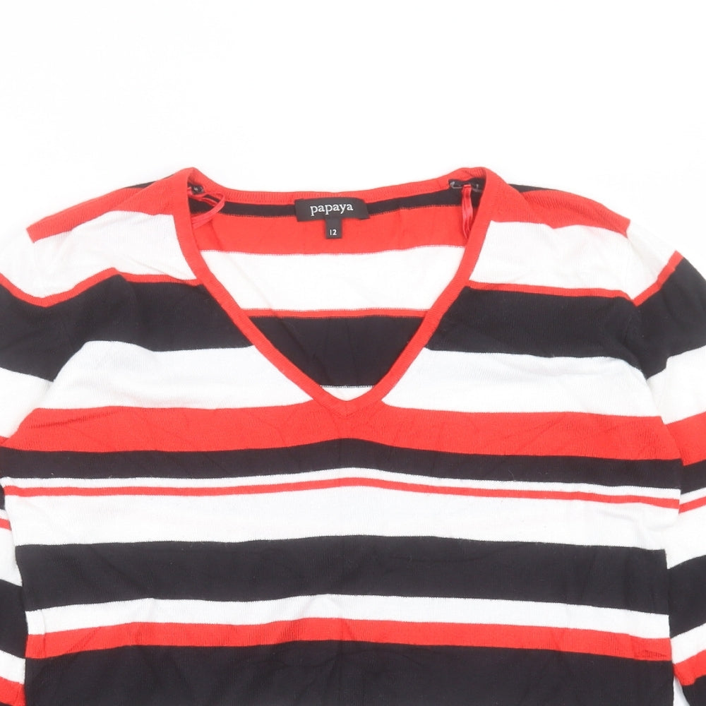 Papaya Womens Red V-Neck Striped Viscose Pullover Jumper Size 12