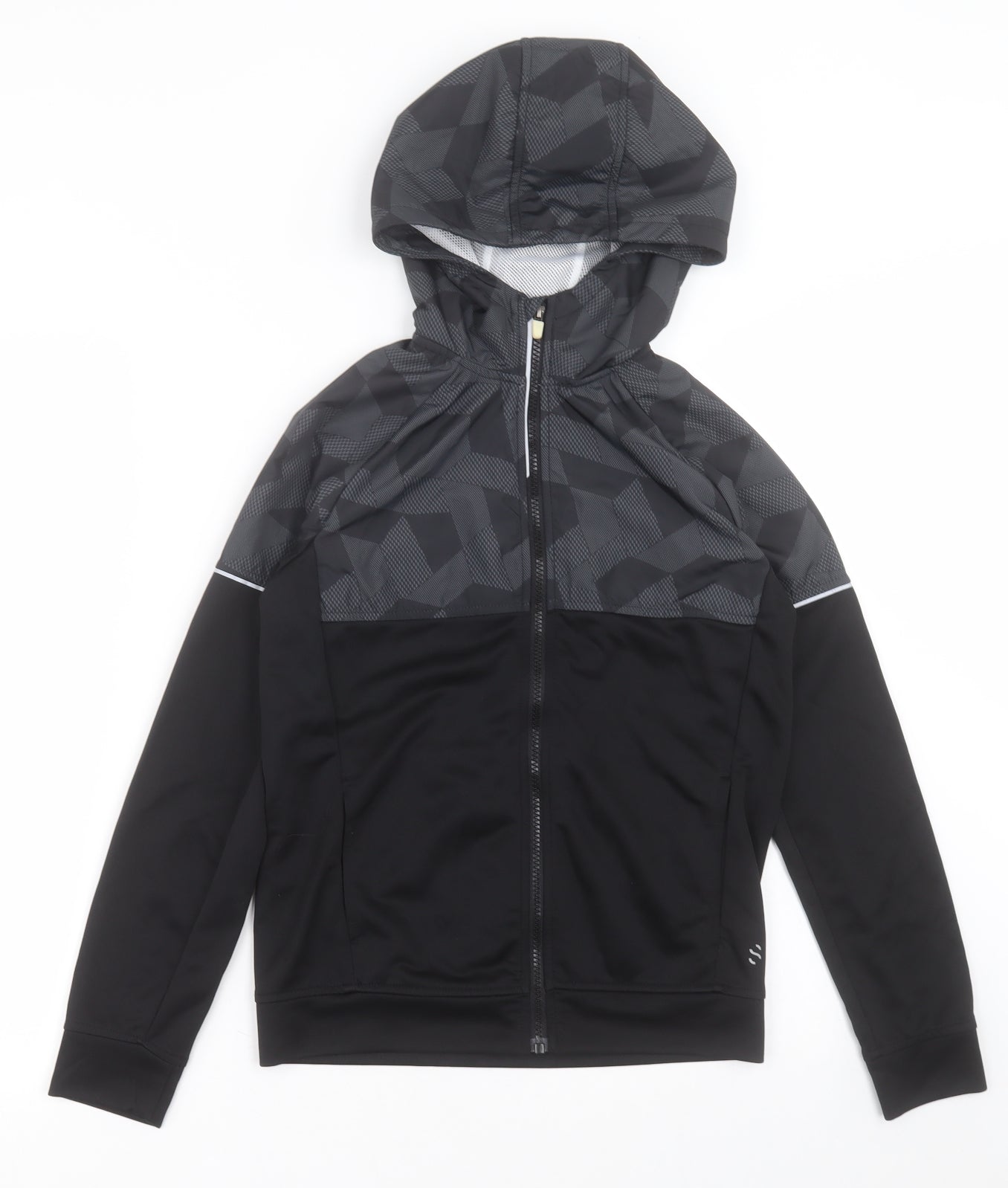H&M Boys Black Geometric Polyester Full Zip Hoodie Size 10-11 Years  Zip