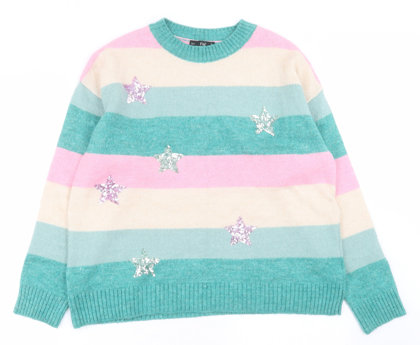 F&F Womens Green Crew Neck Striped Acrylic Pullover Jumper Size M