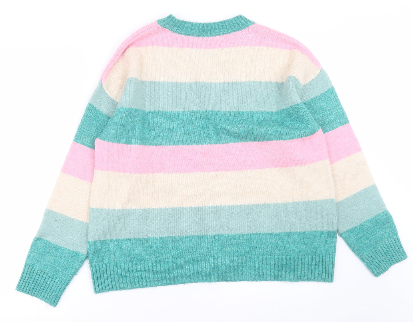 F&F Womens Green Crew Neck Striped Acrylic Pullover Jumper Size M