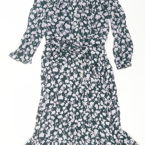 He Loves me He Loves me not Womens Green Floral Viscose A-Line  Size 14  Crew Neck Button