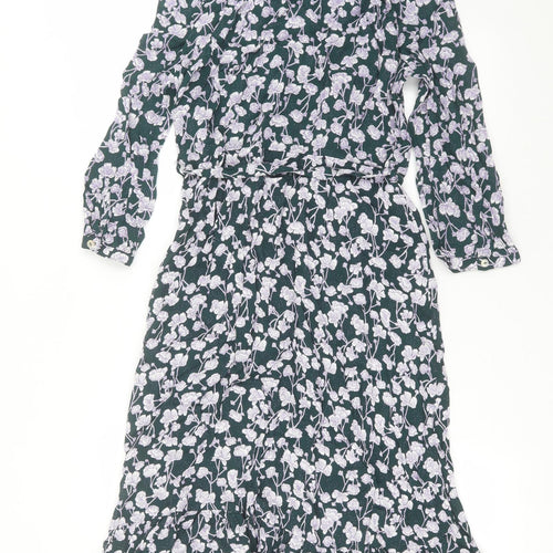 He Loves me He Loves me not Womens Green Floral Viscose A-Line  Size 14  Crew Neck Button