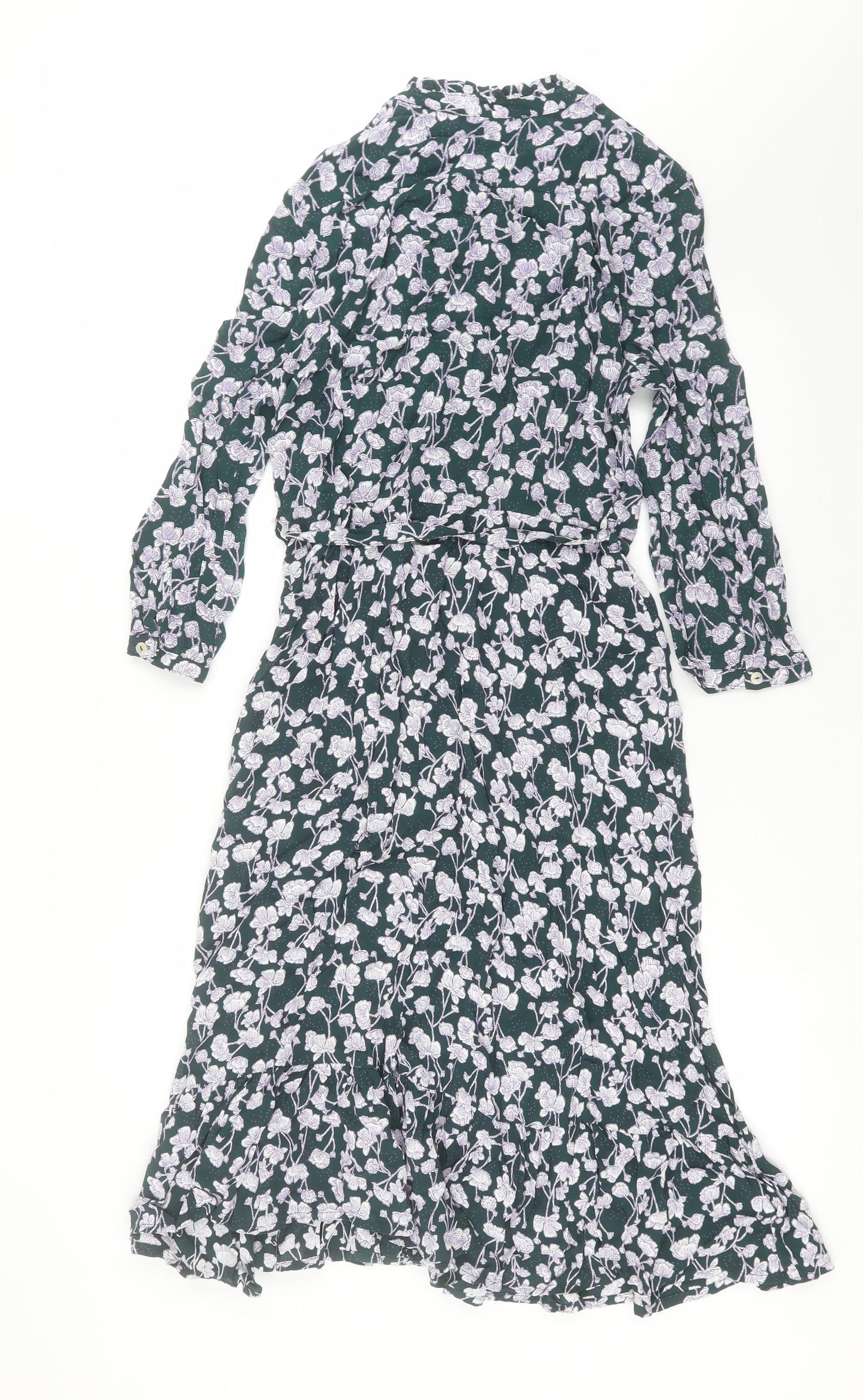 He Loves me He Loves me not Womens Green Floral Viscose A-Line  Size 14  Crew Neck Button