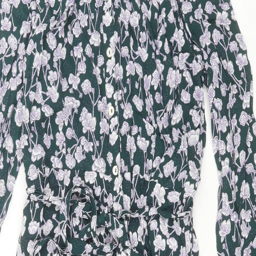 He Loves me He Loves me not Womens Green Floral Viscose A-Line  Size 14  Crew Neck Button