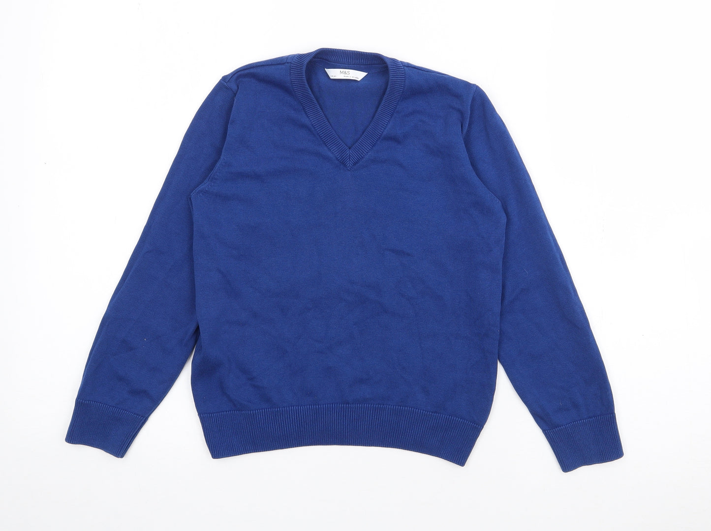 Marks and Spencer Boys Blue V-Neck  Cotton Pullover Jumper Size 7-8 Years