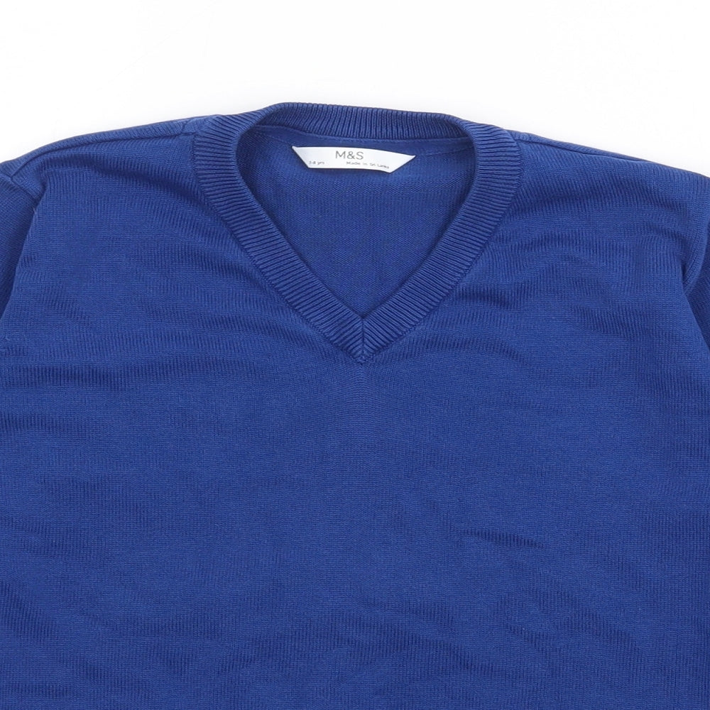 Marks and Spencer Boys Blue V-Neck  Cotton Pullover Jumper Size 7-8 Years