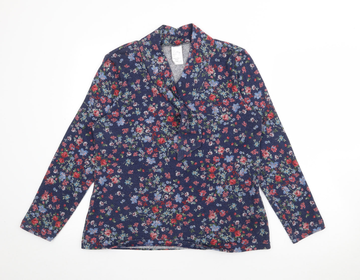 Preworn Womens Blue V-Neck Floral Polyester Pullover Jumper Size 14
