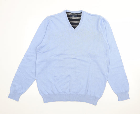 Front view of Blue Harbour men’s blue v-neck cotton jumper, size M