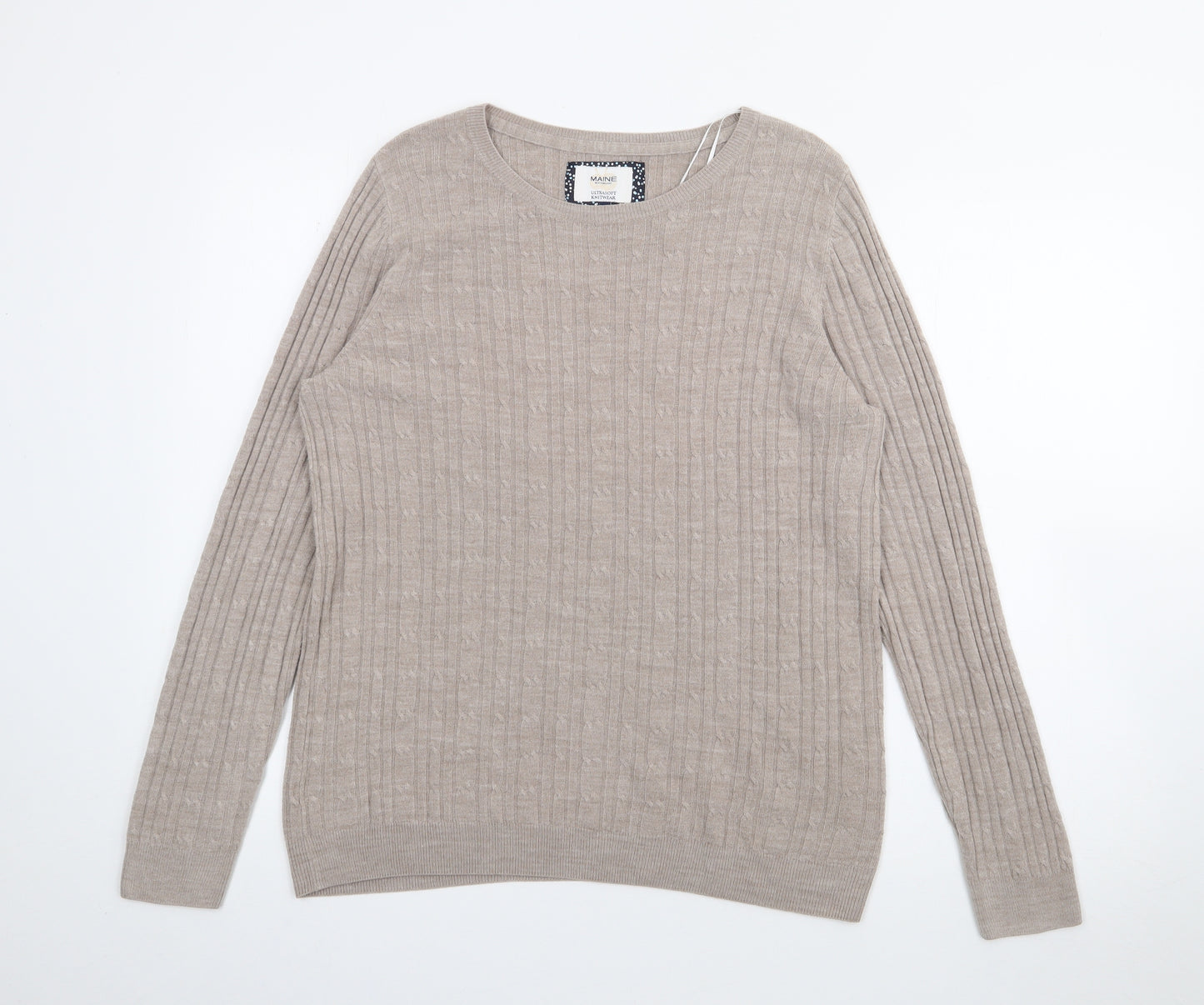 Maine Womens Beige Crew Neck  Acrylic Pullover Jumper Size 14