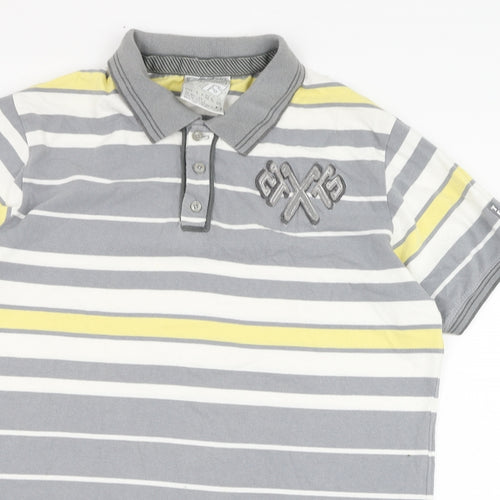 T-Sport Mens Grey Striped Cotton  Polo Size L Collared Pullover