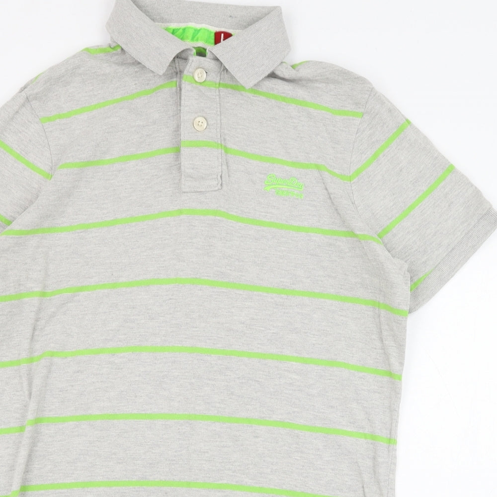 Superdry Mens Grey Striped Polyester  Polo Size L Collared Pullover
