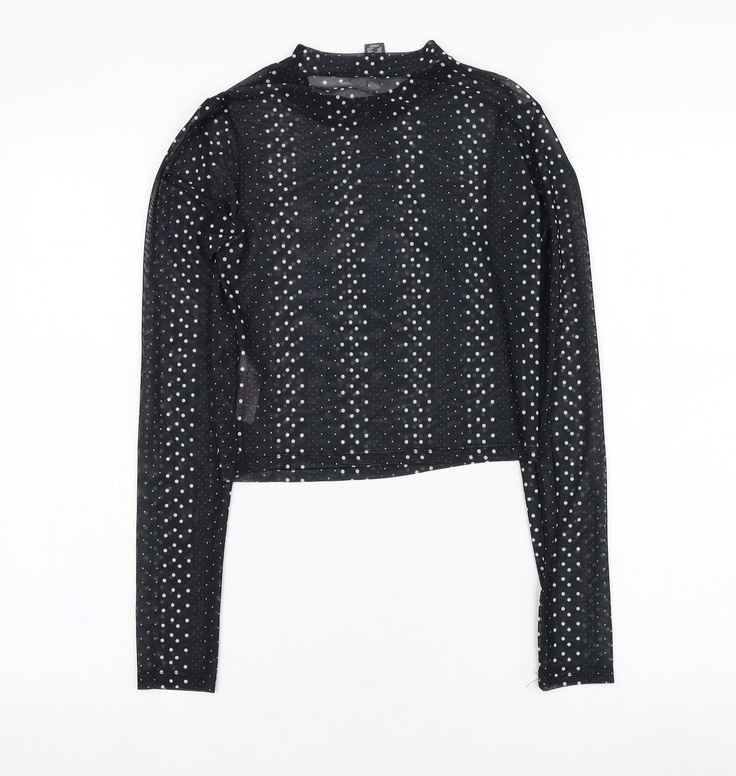 Primark Womens Black Polka Dot Polyester Basic T-Shirt Size 6 Mock Neck - Mesh