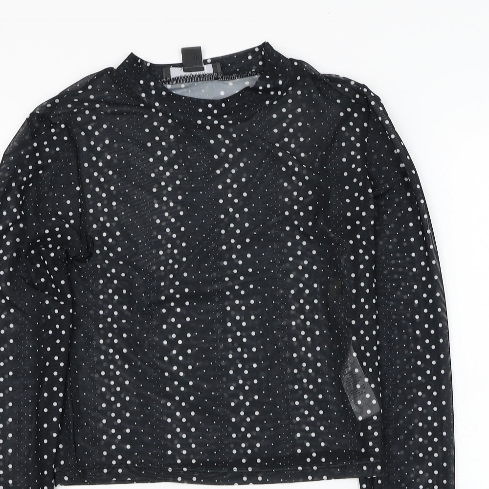 Primark Womens Black Polka Dot Polyester Basic T-Shirt Size 6 Mock Neck - Mesh