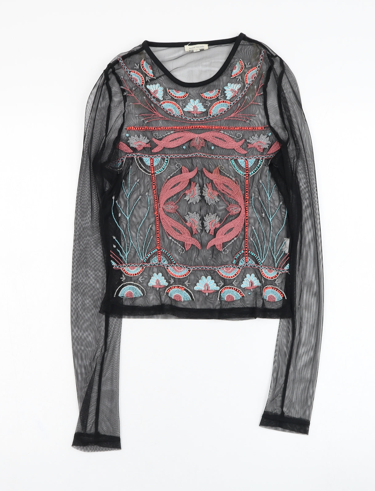 River Island Womens Black  Polyester Basic T-Shirt Size 6 Round Neck - Mesh