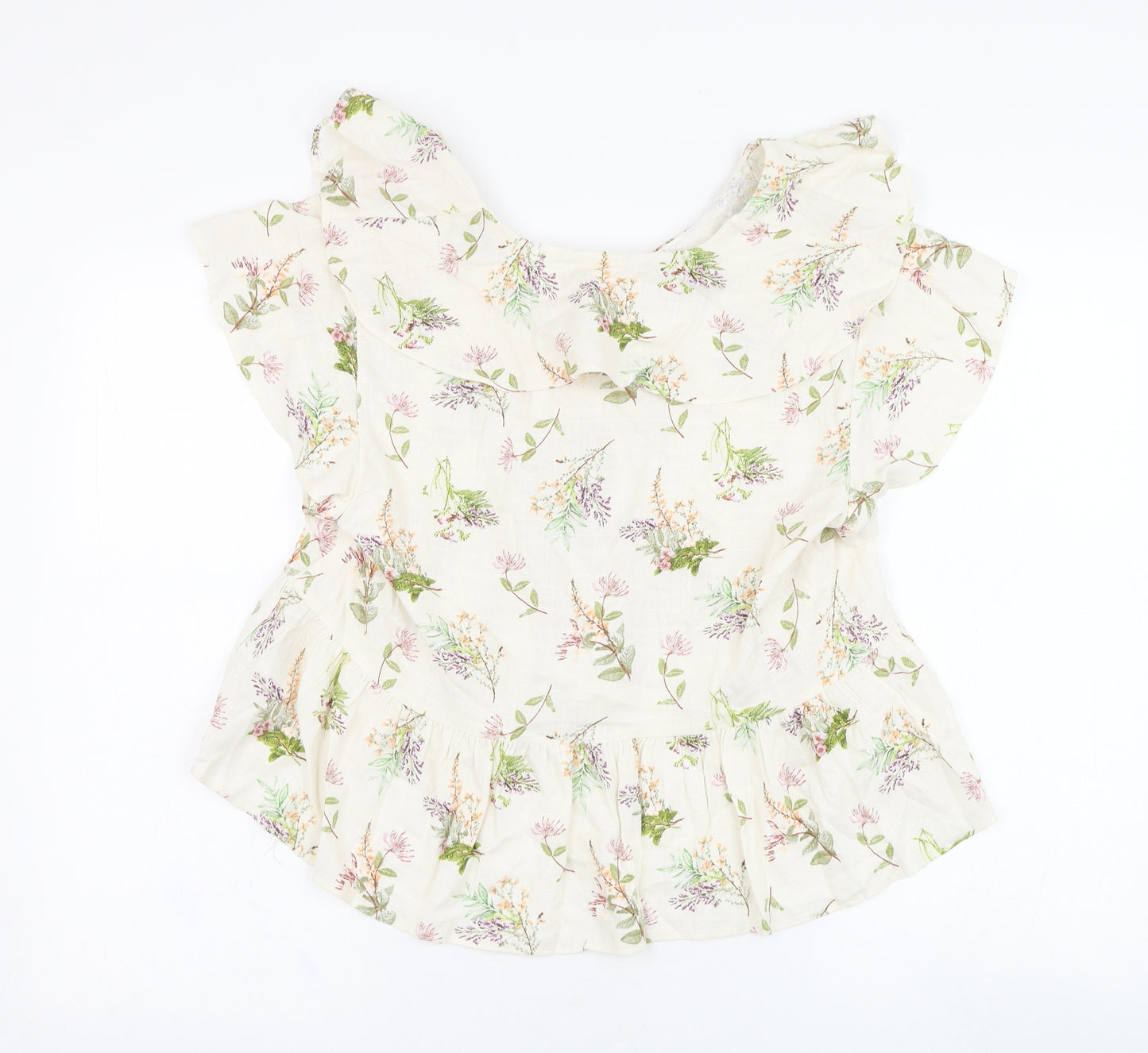Primark Womens Ivory Floral Viscose Basic Blouse Size 12 V-Neck