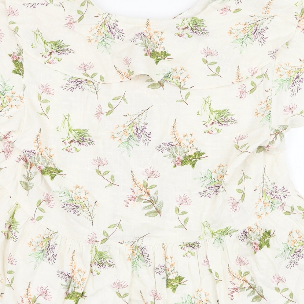 Primark Womens Ivory Floral Viscose Basic Blouse Size 12 V-Neck