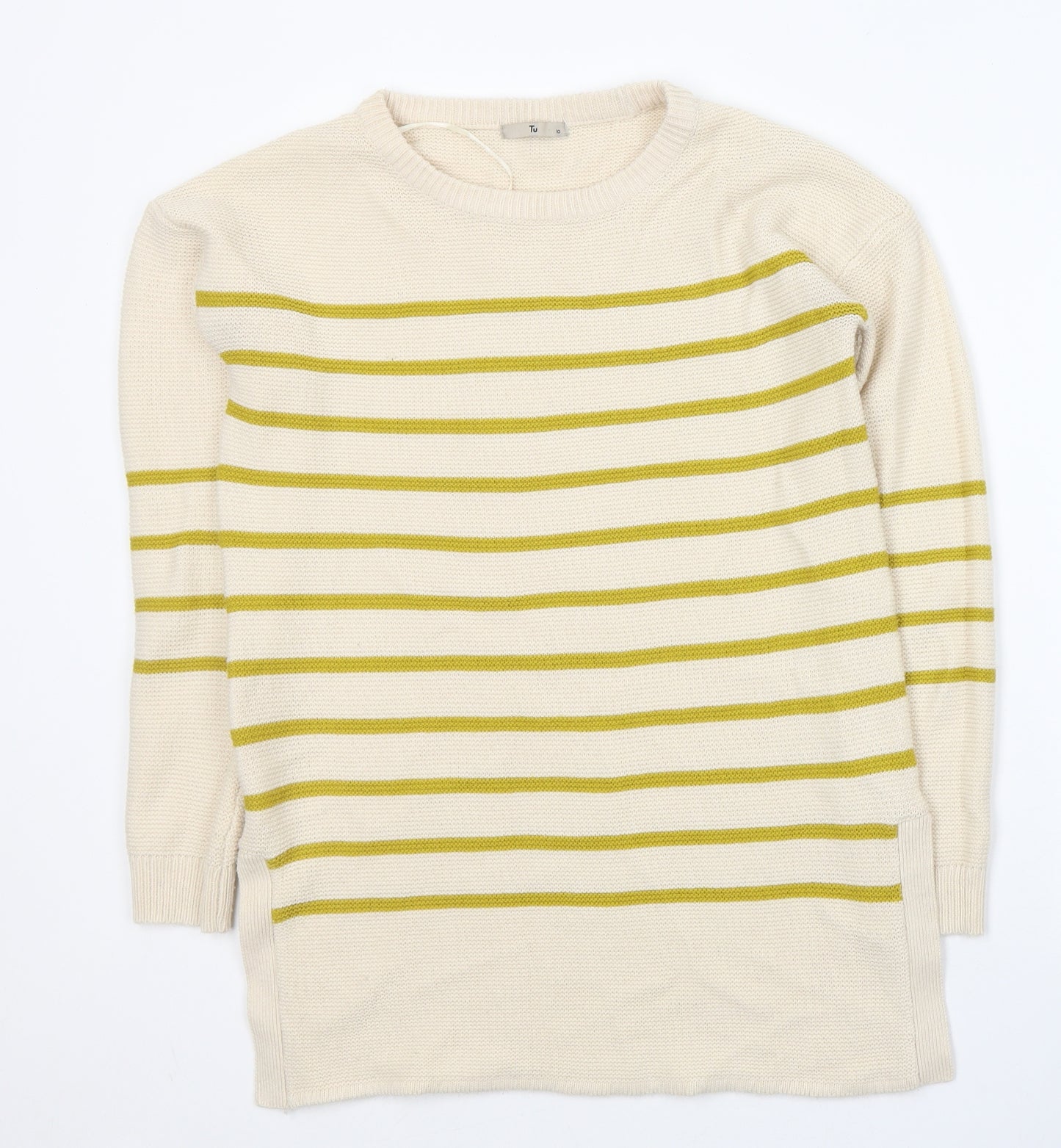 TU Womens Beige Round Neck Striped Acrylic Tunic Jumper Size 10