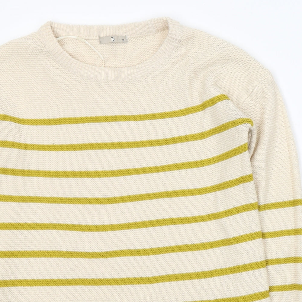 TU Womens Beige Round Neck Striped Acrylic Tunic Jumper Size 10