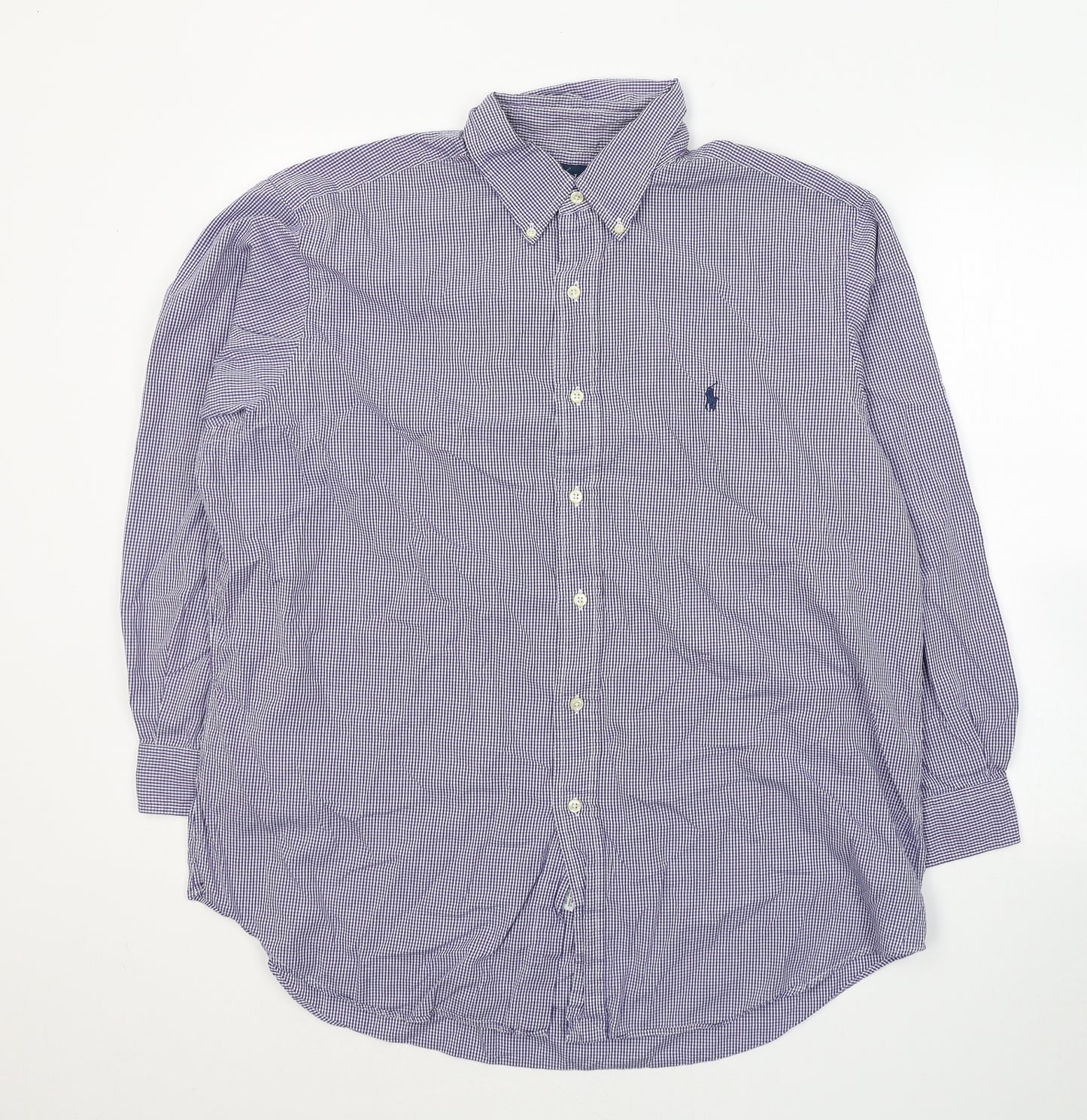 Polo Ralph Lauren Mens Blue Check Cotton  Button-Up Size 17 Collared Button