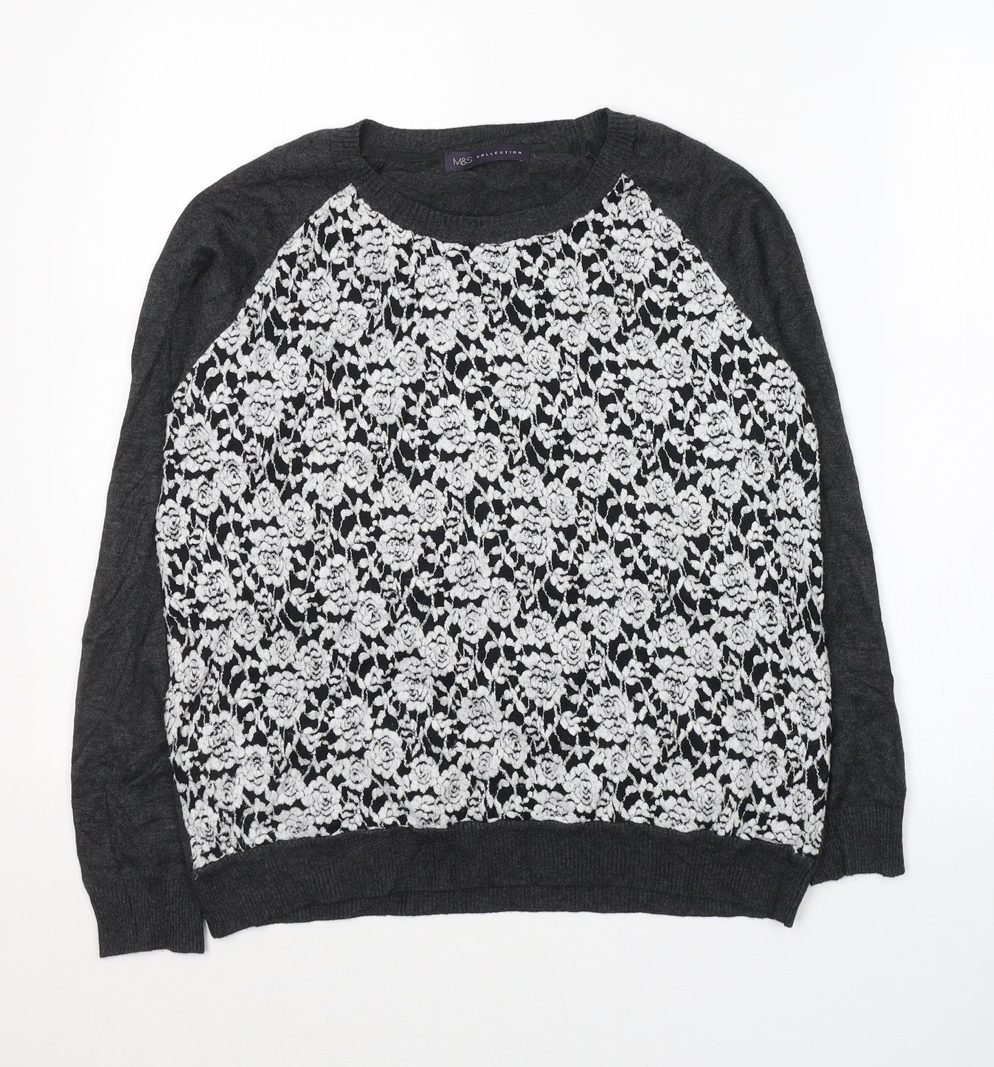 Marks and Spencer Womens Grey Round Neck Floral Viscose Pullover Jumper Size 14