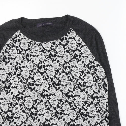 Marks and Spencer Womens Grey Round Neck Floral Viscose Pullover Jumper Size 14