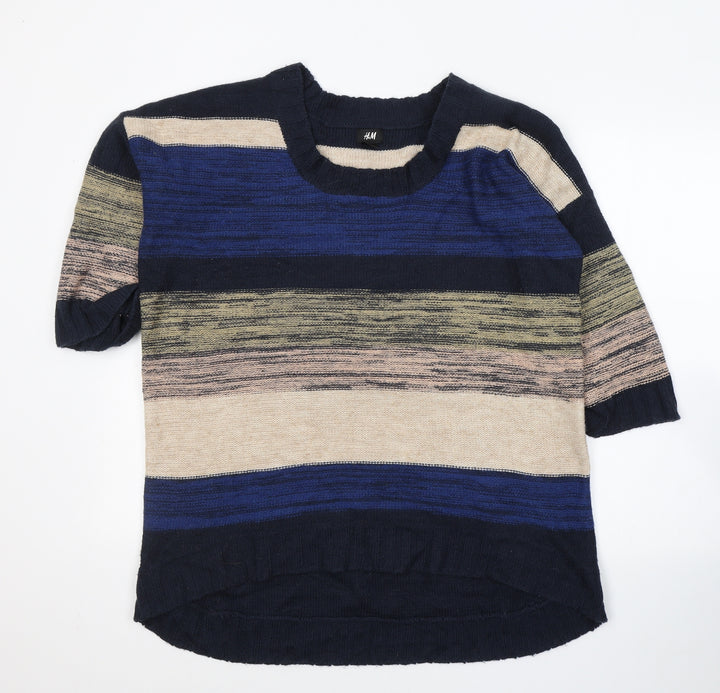H&M Womens Blue Round Neck Striped Acrylic Pullover Jumper Size M