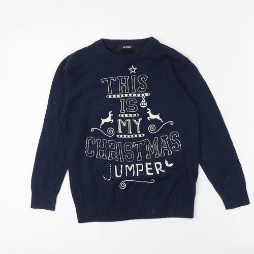 George Boys Blue Round Neck  100% Cotton Pullover Jumper Size 5-6 Years   - Santa Pattern