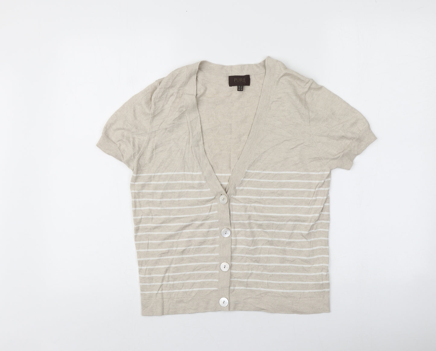 PURE Collection Womens Beige V-Neck Striped Cotton Pullover Jumper Size 12