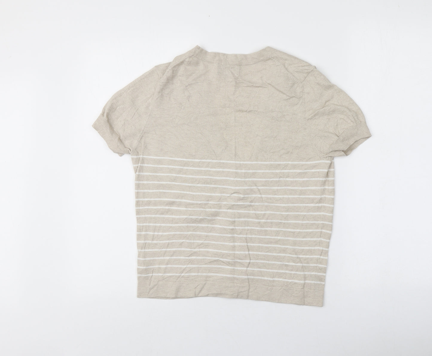 PURE Collection Womens Beige V-Neck Striped Cotton Pullover Jumper Size 12