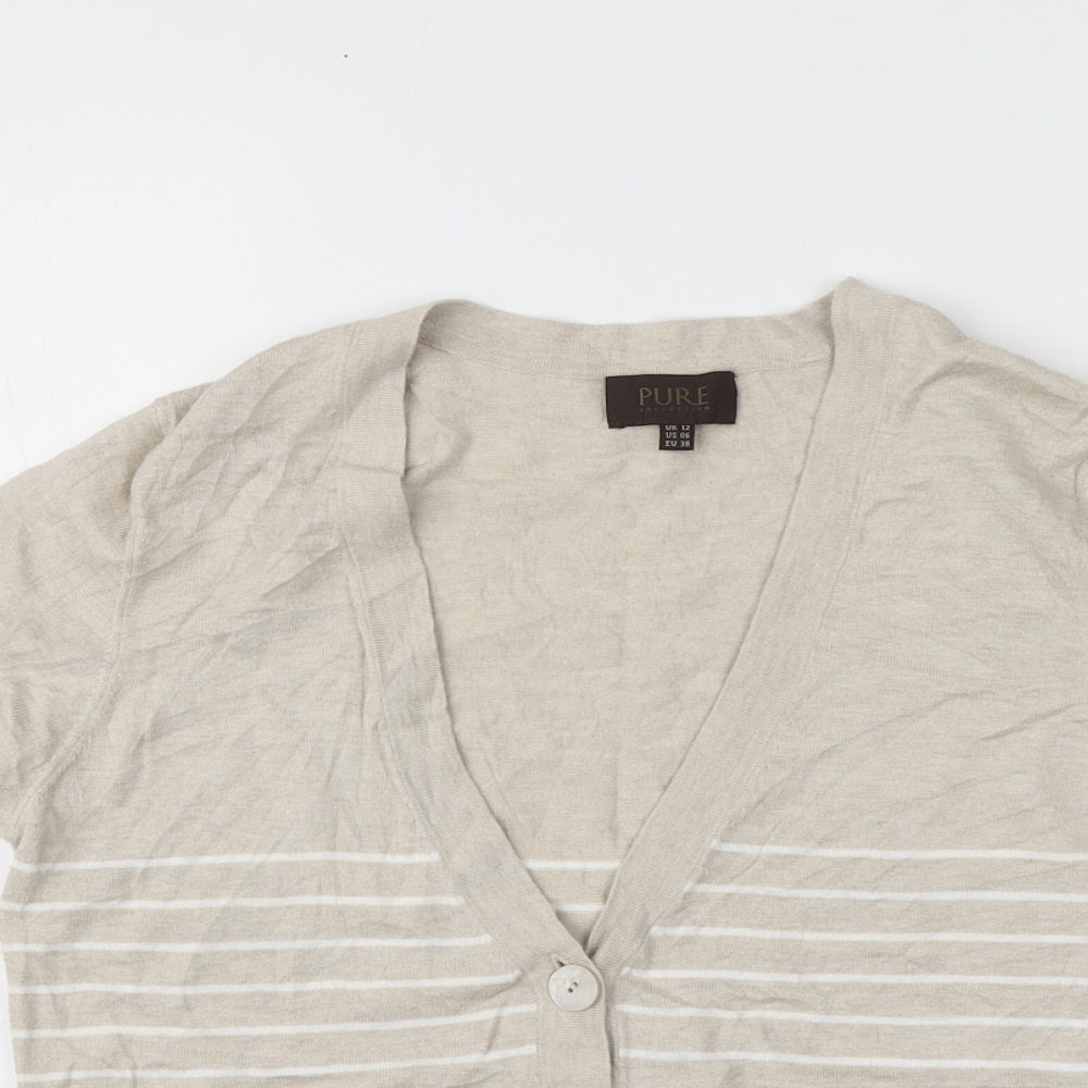 PURE Collection Womens Beige V-Neck Striped Cotton Pullover Jumper Size 12