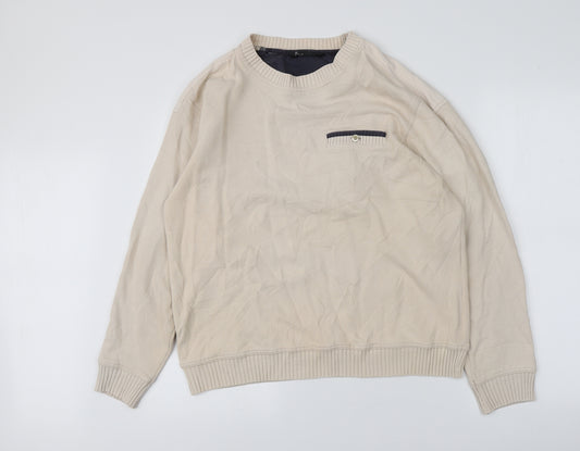 Front view of BHS men’s beige round neck cotton jumper, size M