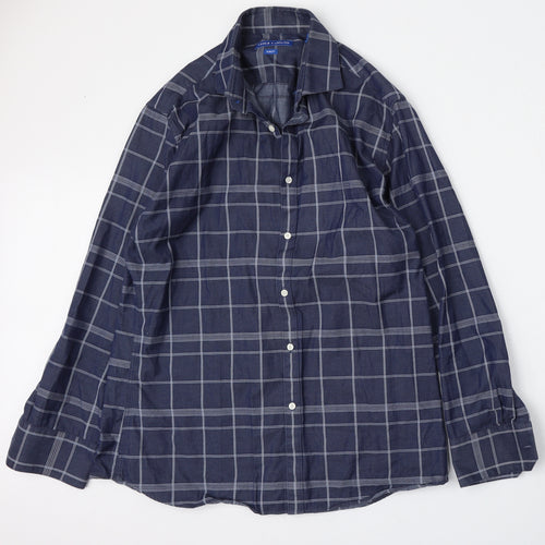 Vince Camuto Mens Blue Check Polyester  Button-Up Size 16 Collared Button