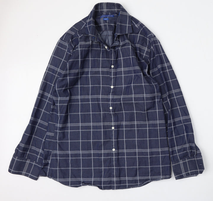 Vince Camuto Mens Blue Check Polyester Button-Up Size 16 Collared Button