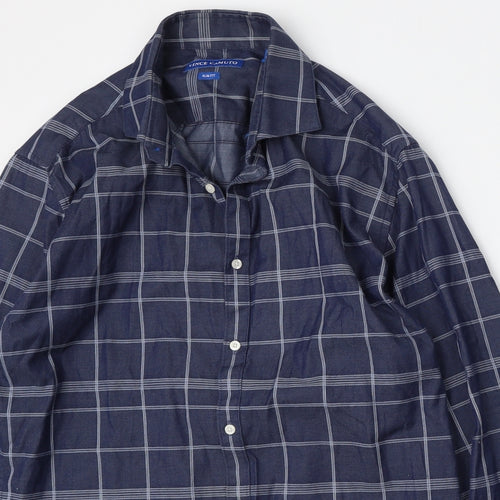 Vince Camuto Mens Blue Check Polyester  Button-Up Size 16 Collared Button