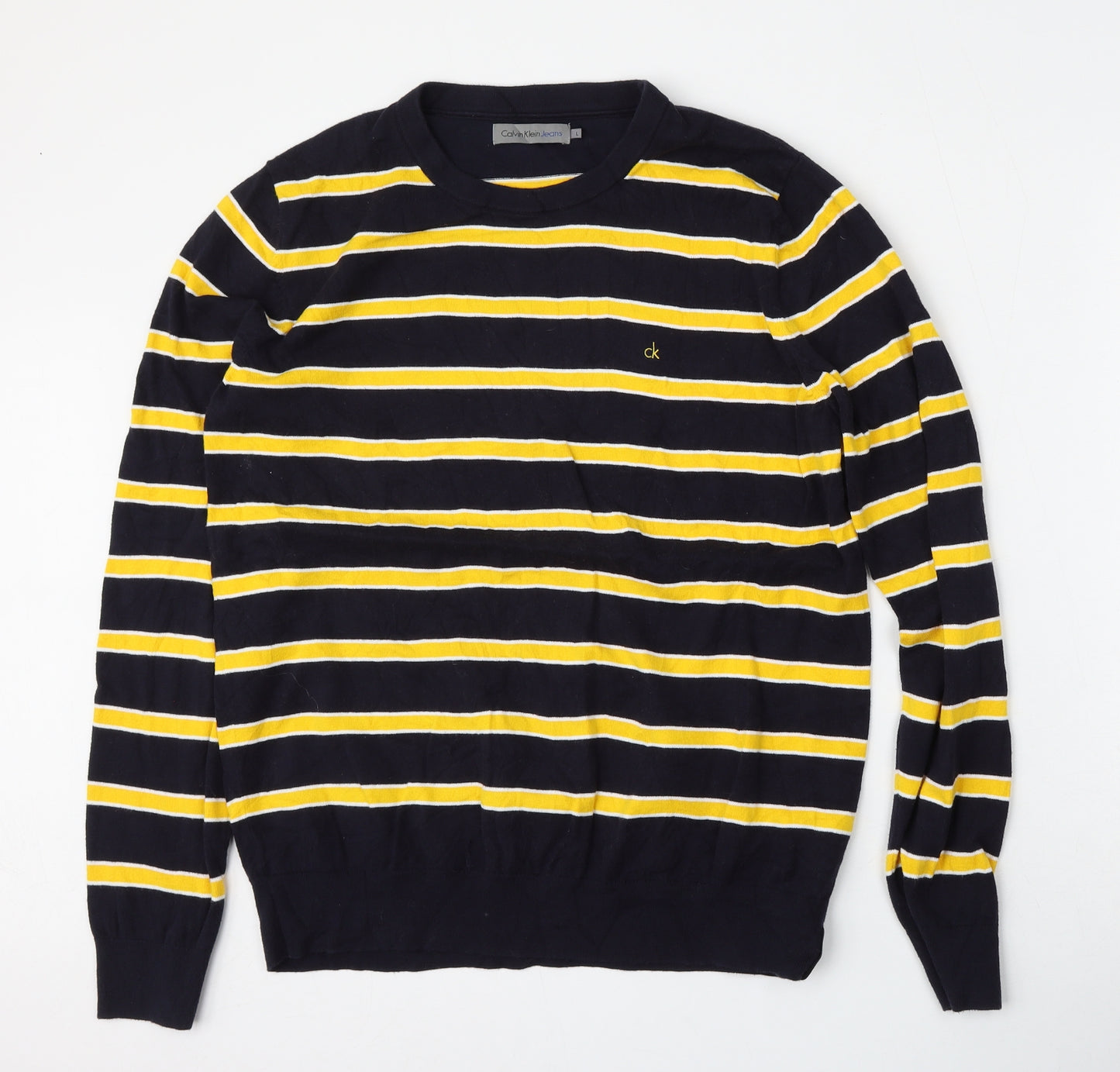 Calvin Klein Mens Blue Round Neck Striped Cotton Pullover Jumper Size L